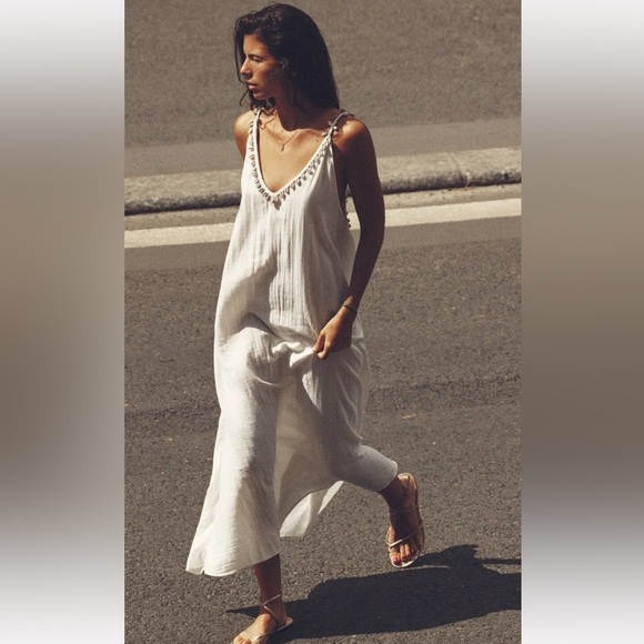ZARA Long Summer Dress Seashell Embroidered Crochet Strappy XXL NWT - Picture 3 of 4